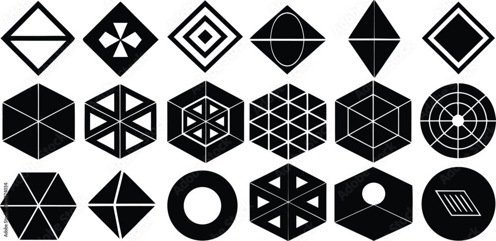 Poster vector art of a collection of diverse geometric shapes and patterns in black and white.