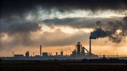 Pipe factory smoke Industrial skyline with smoke billowing against a dramatic sunset backdrop.