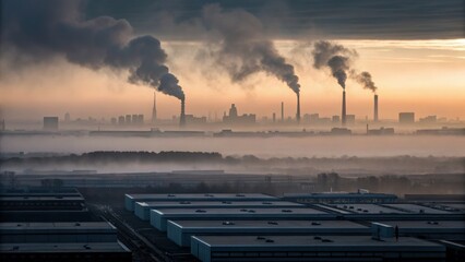 Pipe factory smoke Industrial skyline with smoke rising from chimneys under a cloudy sky.