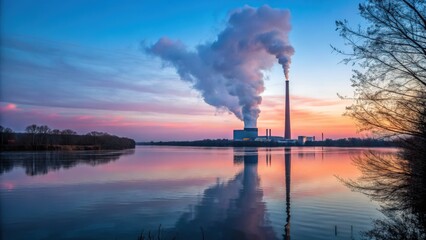 Pipe factory smoke A power plant emits smoke into a colorful sunset over a reflective lake.