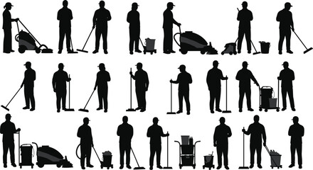 Silhouette of cleaning workers, janitor staff, floor mopping, vacuuming, sanitation crew, hygiene tools, cleaner service, vector illustration, equipment