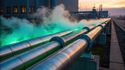 Pipe factory smoke Industrial pipes release steam with a colorful glow at dusk, showcasing modern infrastructure.