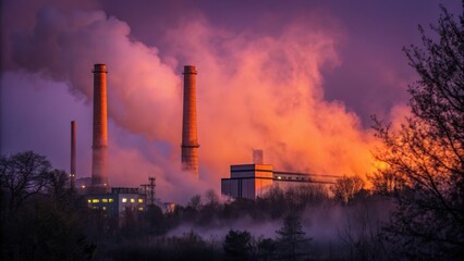 Pipe factory smoke Industrial smokestacks emit colorful fumes against a twilight sky.