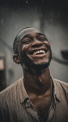 A man smiles broadly in the rain.