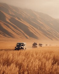 Fototapeta premium Tourists in solar jeeps explore Nuratau Mountains at sunset as a local guide in traditional dress uses a holographic map, wildlife visible in the distance.