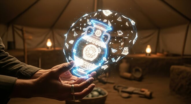 A cinematic image of an archaeologist's hands holding a holographic artifact that is reassembling itself from broken shards of light.