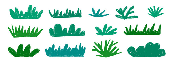 Hand drawn bushes and grass set. Green crayon shrubbery collection. Doodled shrub and tree bundle. Pencil sketched foliage elements. Scribbled cartoon green plants pack. Vector illustration