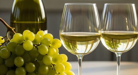 White Wine Bottle and Two Glasses with Fresh Green Grapes
Elegant Setting with White Wine, Grapes, and Sunlight
Refreshing White Wine with a Cluster of Ripe Green Grapes