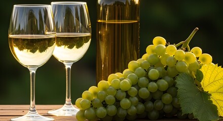 White Wine Bottle and Two Glasses with Fresh Green Grapes
Elegant Setting with White Wine, Grapes, and Sunlight
Refreshing White Wine with a Cluster of Ripe Green Grapes