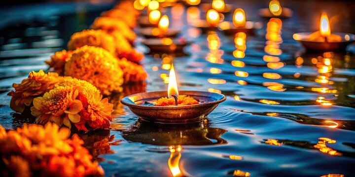 Marigolds and oil lamps float on the river, Pitru Paksha's spiritual glow captured in a long-exposure photograph from India.