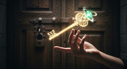 A beautiful photorealistic image of a hand holding a glowing, magical key hologram, with an ancient, locked door in the background.