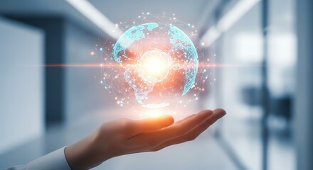 A photorealistic close-up of a hand holding a luminous, blue wireframe hologram of the Earth, symbolizing global connectivity.