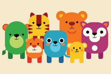 Naklejka premium Adorable Colorful Cartoon Animals Illustration