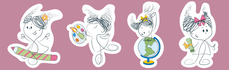 Sticker set. Girls. School. Vector