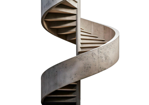 Spiral Staircase Design: A sleek and modern spiral staircase with concrete railing and wooden steps creates a dynamic and captivating architectural element. isolated on transparent or white background