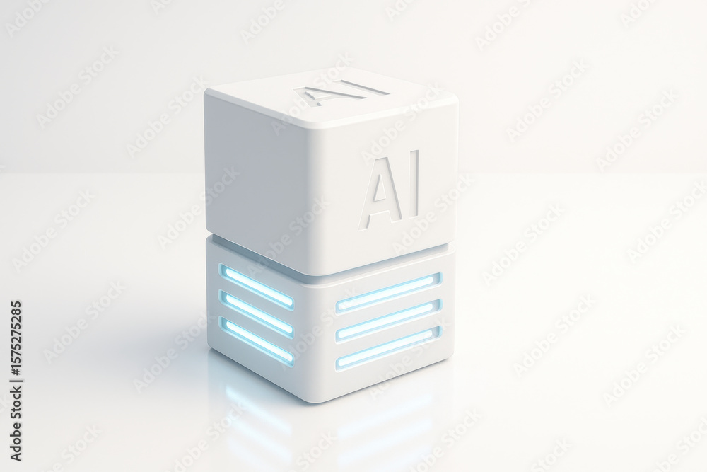 Poster futuristic ai cube with glowing accents in minimalist setting, symbolizing advanced technology and i