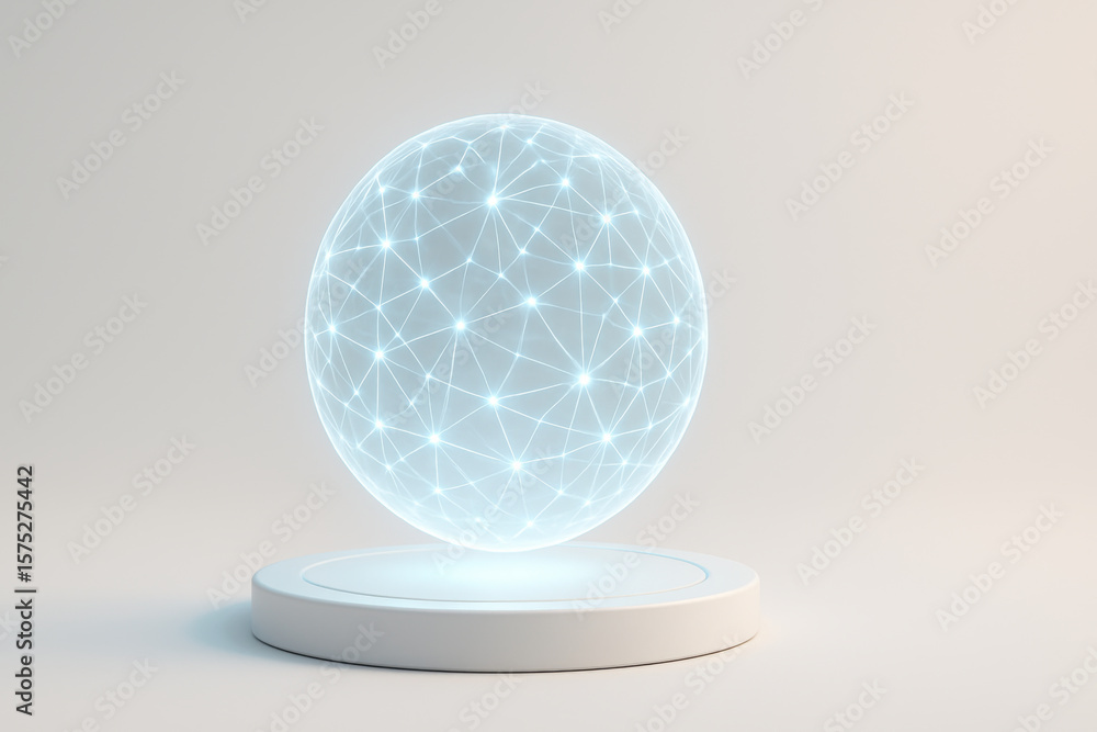 Poster glowing neural network sphere sits on sleek platform, showcasing intricate connections and luminous 