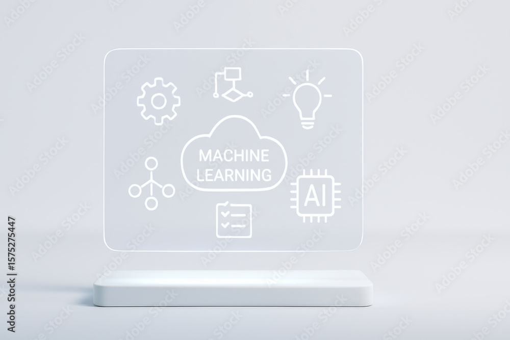 Poster modern holographic interface displaying machine learning concepts, featuring icons like gears, light