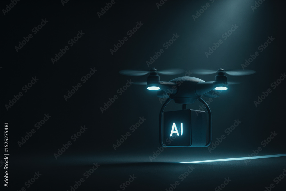 Poster illuminated ai drone hovers in dark environment, showcasing its sleek design and advanced technology