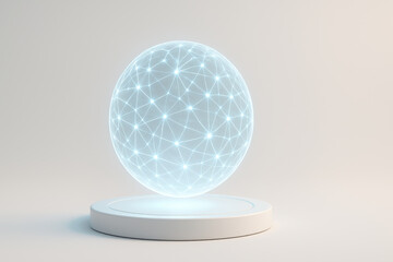 Glowing neural network sphere sits on sleek platform, showcasing intricate connections and luminous nodes. This futuristic design evokes sense of advanced technology and innovation