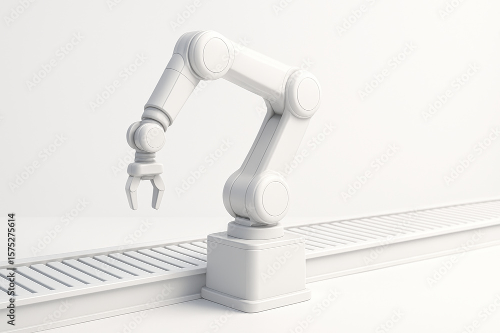 Poster robotic arm stands over conveyor belt, showcasing its sleek design and functionality. this advanced 