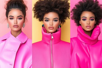 Vibrant Trio: Three elegant ladies showcase the fashion world with bold makeup and chic, modern outfits. The color palettes are set with pink and yellow.