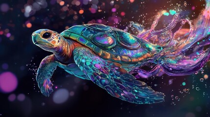Vibrant turtle swimming amidst bokeh lights with shimmering trail in an artistic style