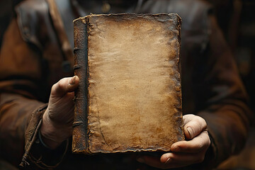 Vintage Tome Unveiled: A weathered and aged tome, its blank pages bearing the marks of time and secrets held within, presented with care.  A glimpse into a world of knowledge and history.