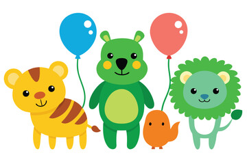 Naklejka premium Adorable Cartoon Animals with Balloons Tiger, Bear, Lion, and Bird Illustration