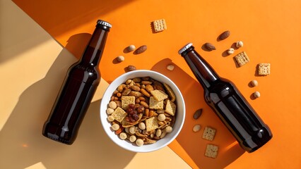 Two beer bottles and a snack bowl are displayed on table