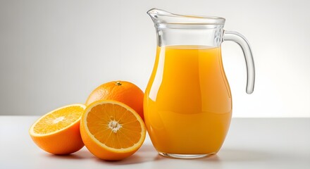 Fresh Orange Juice in a Glass Pitcher with Whole and Halved Oranges
Refreshing Citrus Drink: Pure Orange Juice and Fresh Oranges
Vibrant Orange Juice Ready to Serve with Ripe Citrus Fruits