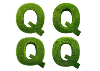 Set Grass font 3d rendering letter Q isolated on a transparent or white background