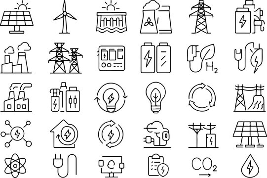 Collection of modern line art icons representing various renewable and traditional energy sources and concepts for a sustainable future