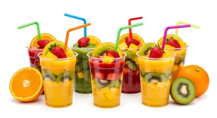Vibrant Fruit Smoothies and Salads in Cups with Straws,
Colorful Layers of Fresh Mango, Kiwi, Strawberry, and Orange
