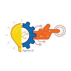 Vector illustration combining a lightbulb, gear, and circuit-hand, symbolizing Agentic AI, where innovation meets intelligent action. Ideal for tech, automation, and AI-driven solutions.