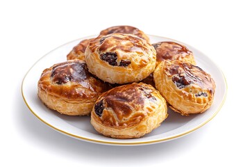 Golden Round Sweet Buns with Glaze on White Plate, Delicious Baked Treat, Isolated
