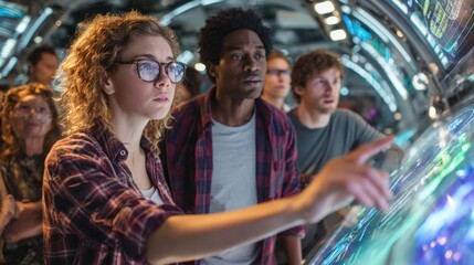 Diverse group interacting with futuristic touchscreens