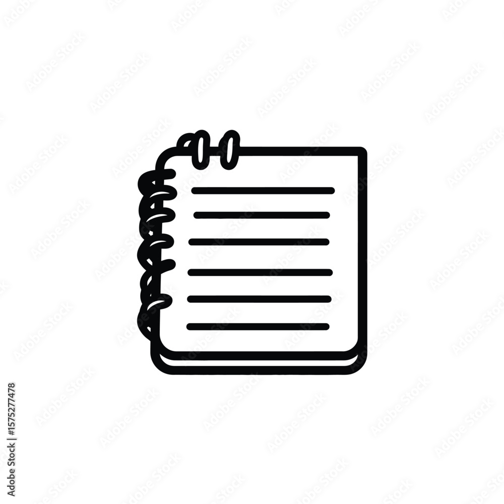 Poster black and white line art icon of a notebook with spiral binding and lines