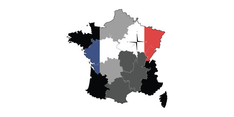 Map of France Divided by Regions with Compass on White Background Design