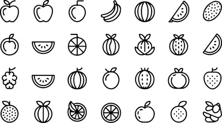 Collection of simple black line art fruit icons including apples bananas watermelon slices strawberries grapes oranges and more on a white background