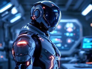 Futuristic Cyborg Soldier Monitoring Data in a Sci Fi Command Center