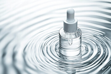 A dynamic shot of a cosmetic serum bottle on water ripple: A pristine bottle of beauty serum sits atop a mesmerizing water surface, generating an inviting feeling of purity and rejuvenation.