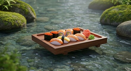 Obraz premium Serene Sushi Platter by a Tranquil Stream A Culinary Masterpiece