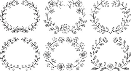 Obraz premium Collection of six hand drawn floral and leaf wreaths and borders in a simple black and white sketch style for design