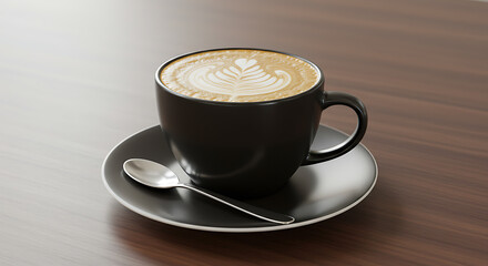A black cup of latte art sits on a saucer with a spoon, on a dark wooden surface.