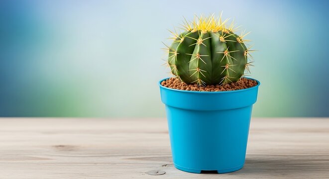 Green barrel cactus in blue pot yellow spines