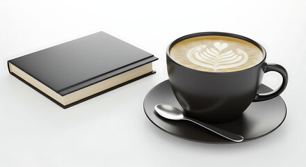 A cup of latte with artistic foam design beside a closed book on a white surface.