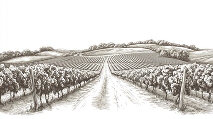 Monochrome engraving shows a vineyard stretching to distant hills under a pale sky