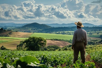 Farmer expresses gratitude for good harvest and favorable weather in soy plantation, Farmer thanking for the harvest or rain Soy plantation Brazilian farm
