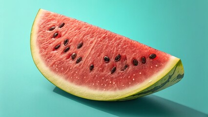 A vibrant slice of juicy watermelon with seeds on a blue background